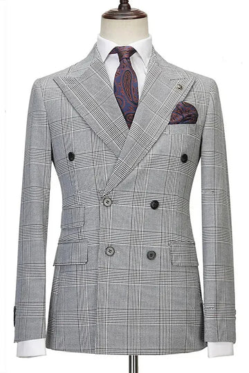 Aidase Gray Check Mens Wedding Tuxedos Double Breasted Slim Fit  Pants Suits Formal Party  Groom Wear 2 Pieces aidase-shop